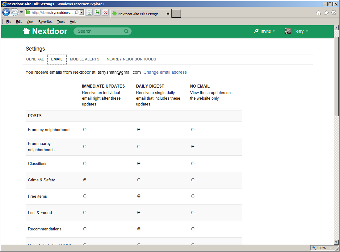 The “Email” settings page