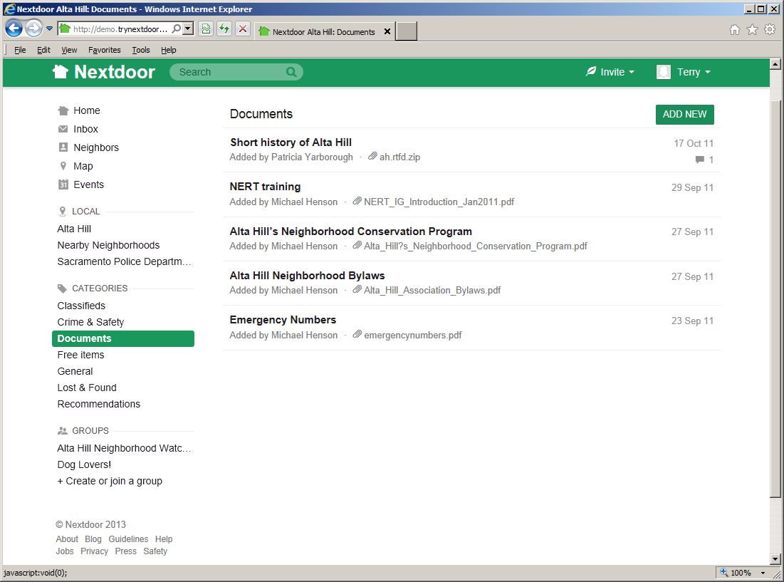 The “Documents” page