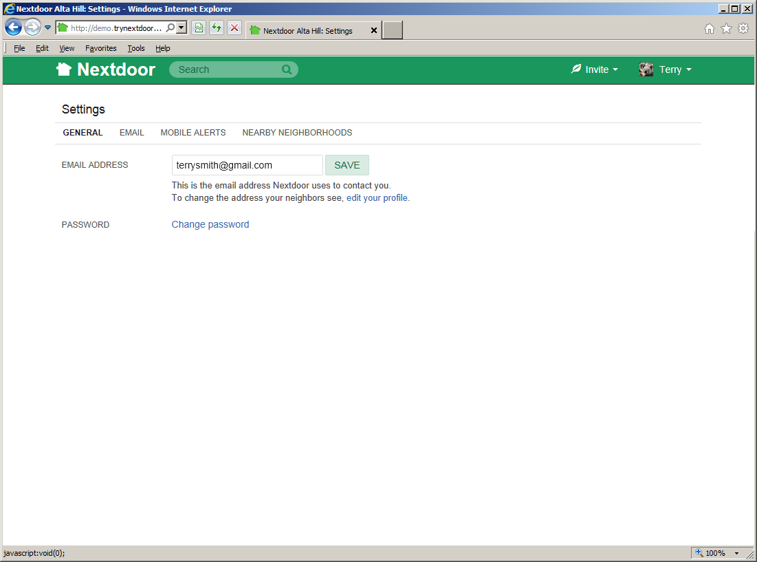 The “Settings” page