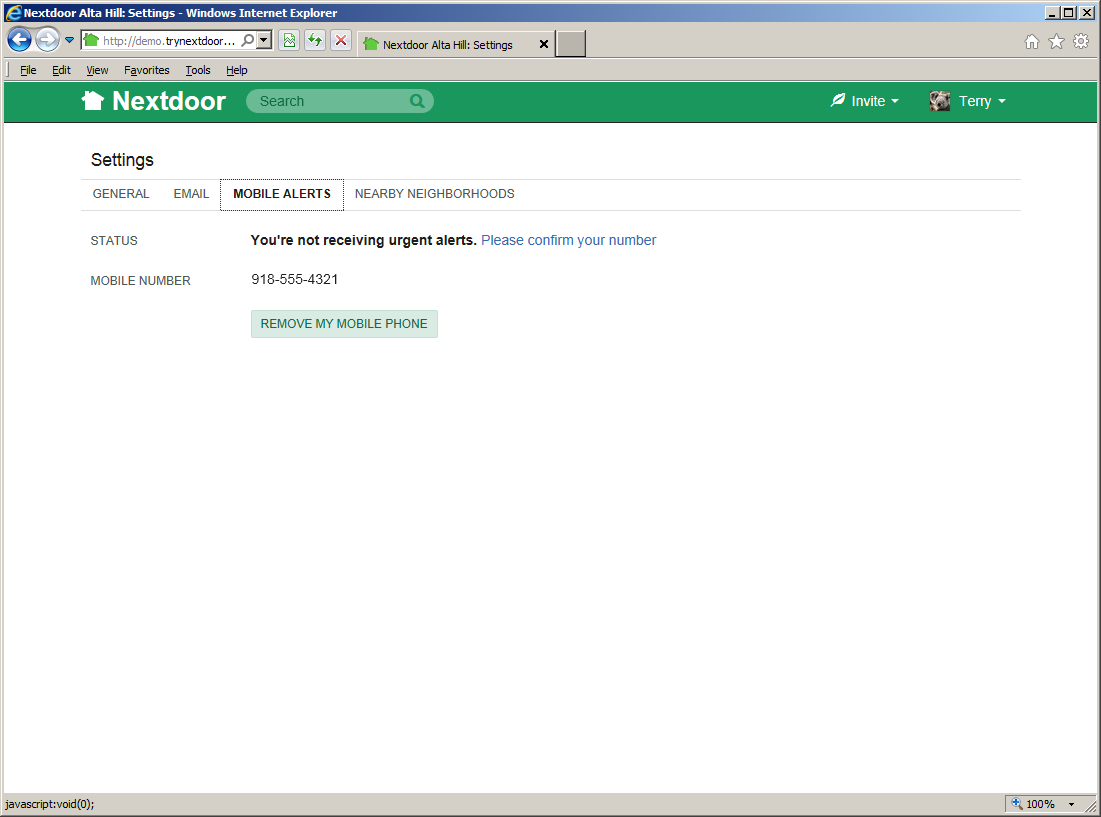 The “Mobile Alerts” settings page
