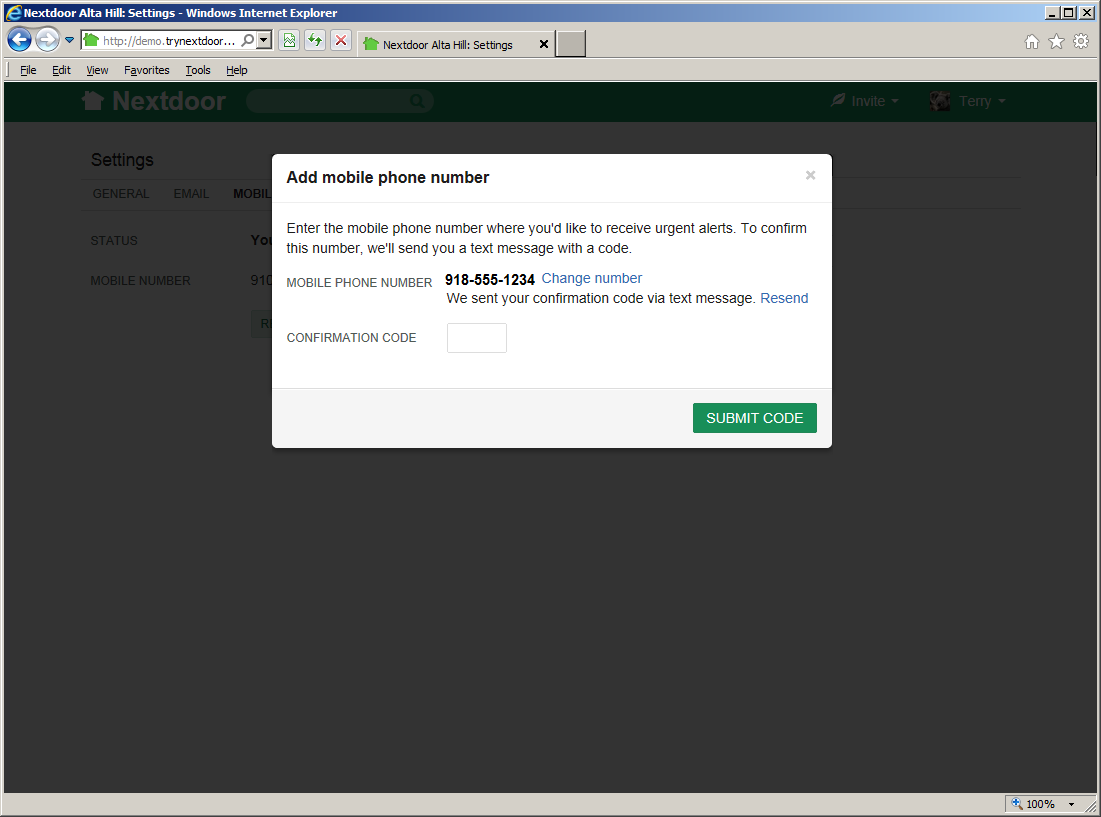 The Mobile Alerts “Confirmation Code” form