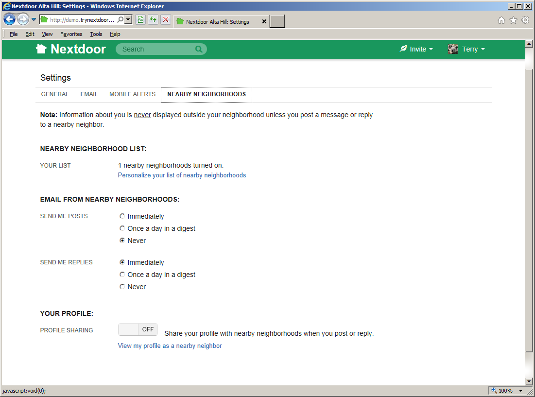 The “Nearby Neighborhood” settings page
