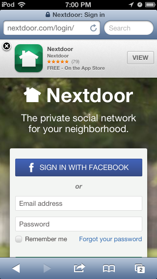 Nextdoor Mobile page on iPhone
