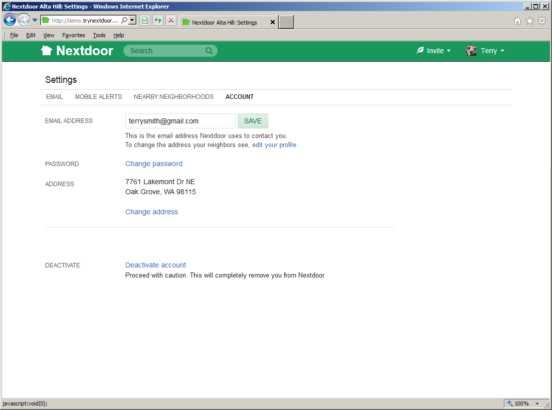 The “Account” settings page